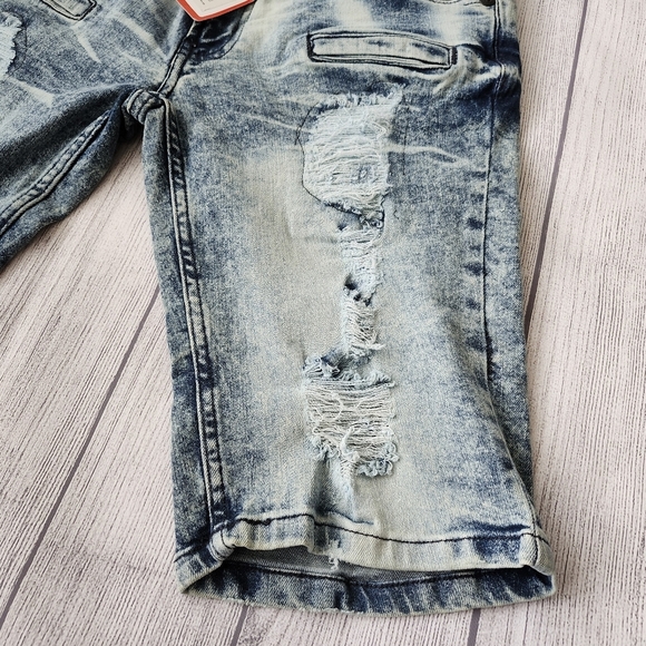 Skinny Fit Distressed Blue Wash Denim Shorts - Picture 4 of 15